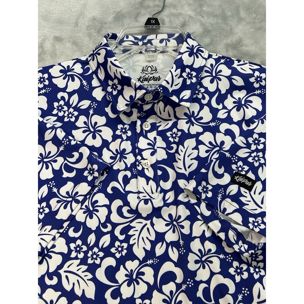 Kaipar Golf Polo Shirt Men Large Blue Floral Leaf Print Performance Stretch UPF